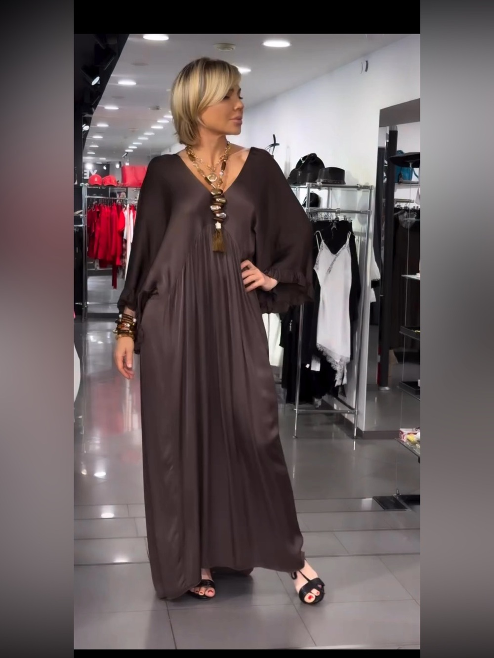Wide-Sleeve Chocolate Brown Maxi Dress with V-Neck